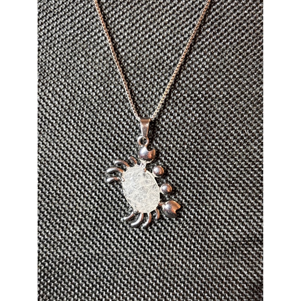 Silver Tone Stainless Steel Crab Pendant Necklace Crackle Stone Nautical Jewelry